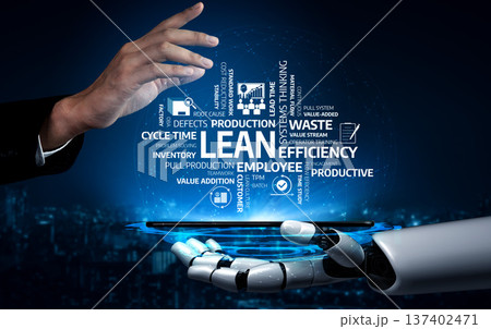 Futuristic Digital Interaction Between Human Hand and Robotic Hand with Lean Management Concepts in Background for Business Technology and Automation. Tessel Futuristic Digital Interaction Between Human Hand and Robotic Hand with Lean Management Concepts in Background for Business Technology and Automation. Tessel 137402471