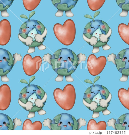 Seamless pattern World Water Day Cute water and planet earth character with emotions Hand drawn. For menus,paper, textiles and seasonal fabric. 137402535