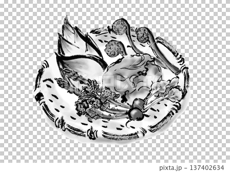 春野菜の籠盛りセット筆書き和風イラスト素材　モノクロ 137402634