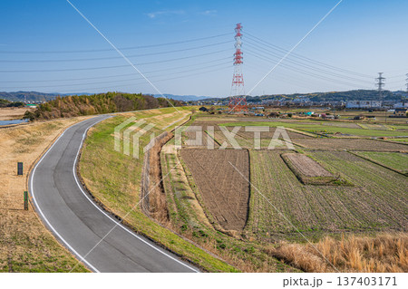 木津川左岸堤防上のサイクリングコース　京奈和自転車道　京都府京田辺市 137403171