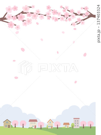春の背景イラスト　春のバナー　桜と街並みのイラスト 137403324