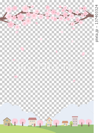 春の背景イラスト　春のバナー　桜と街並みのイラスト 137403324