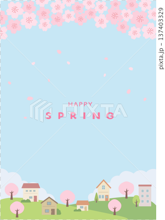 春の背景イラスト　春のバナー　桜と街並みのイラスト 137403329