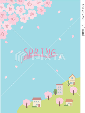 春の背景イラスト　春のバナー　桜と街並みのイラスト 137403405