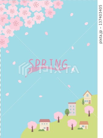 春の背景イラスト　春のバナー　桜と街並みのイラスト 137403405