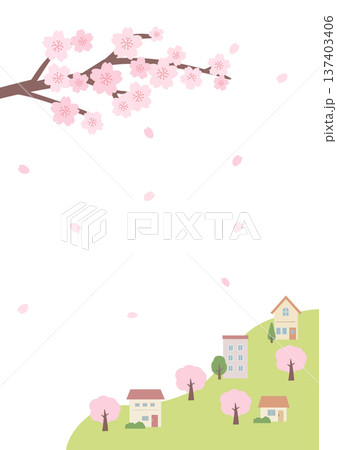 春の背景イラスト　春のバナー　桜と街並みのイラスト 137403406