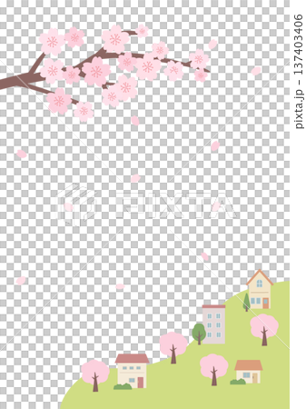春の背景イラスト　春のバナー　桜と街並みのイラスト 137403406