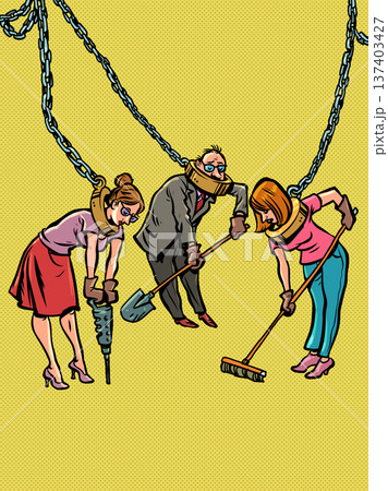 People in chains work. Modern slavery in companies. Problems finding work. People in chains work. Modern slavery in companies. Problems finding work. 137403427