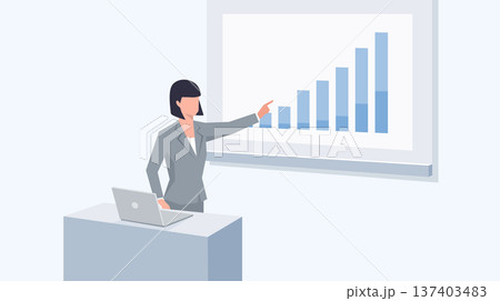 スクリーンのグラフを指しながらプレゼンをする女性のベクターイラスト スクリーンのグラフを指しながらプレゼンをする女性のベクターイラスト 137403483