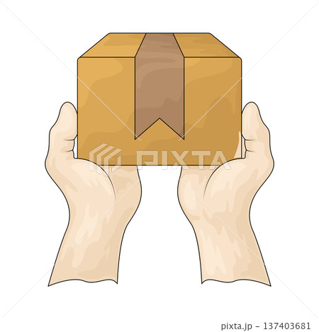 Illustration of hand holding delivery box 137403681