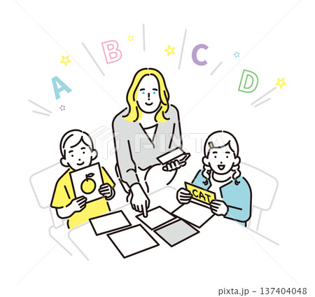 シンプル　イラスト　英会話レッスンでアルファベットカードを使って学ぶ子供たちと外国人講師のイメージ 137404048