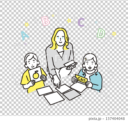 シンプル　イラスト　英会話レッスンでアルファベットカードを使って学ぶ子供たちと外国人講師のイメージ 137404048