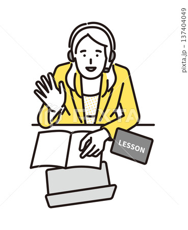 シンプル　イラスト　オンライン英会話レッスンをする女性講師 英語学習のイメージ ベクターイラスト 137404049