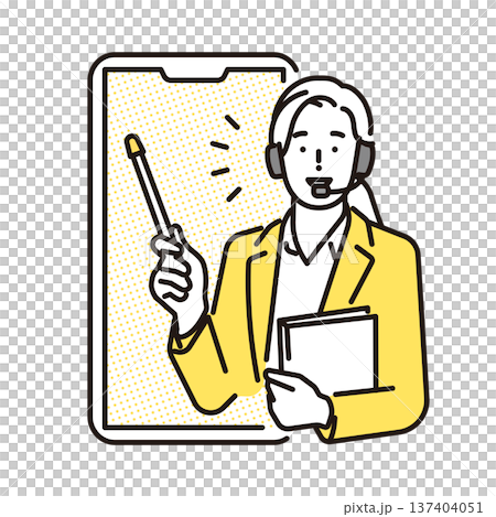 シンプル　イラスト　スマートフォンで英会話レッスンをするオンライン英語講師のイメージ 137404051