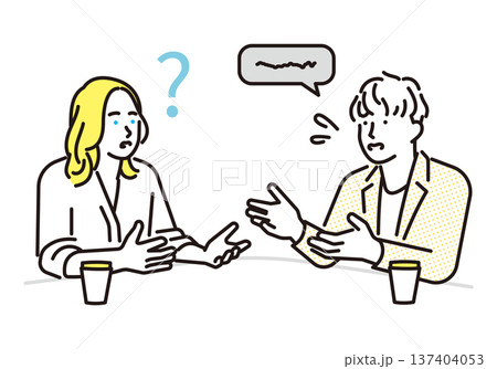 シンプル　イラスト　英語が聞き取れず困る女性と話す男性 英会話のコミュニケーションイメージ 137404053