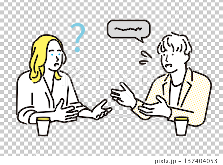 シンプル　イラスト　英語が聞き取れず困る女性と話す男性 英会話のコミュニケーションイメージ 137404053