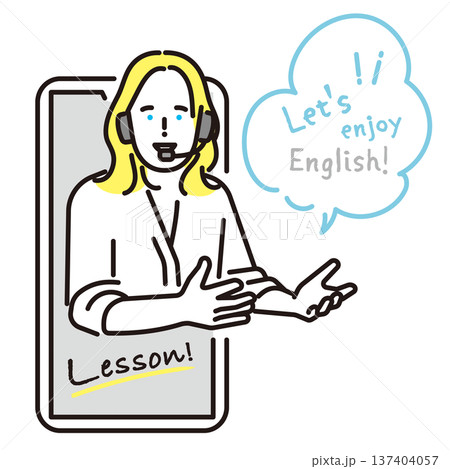 シンプル　イラスト　スマートフォンで英会話レッスンをするオンライン英語講師のイメージ 137404057