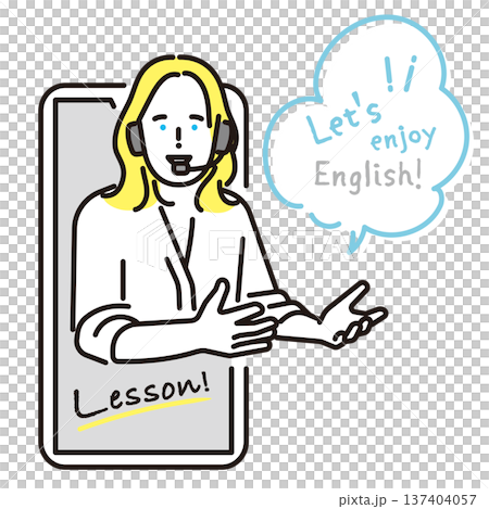 シンプル　イラスト　スマートフォンで英会話レッスンをするオンライン英語講師のイメージ 137404057