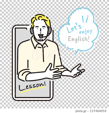 シンプル　イラスト　スマートフォンで英会話レッスンをするオンライン英語講師のイメージ 男性 137404059
