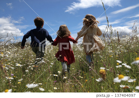 草花を走る子供たちの後ろ姿 137404097