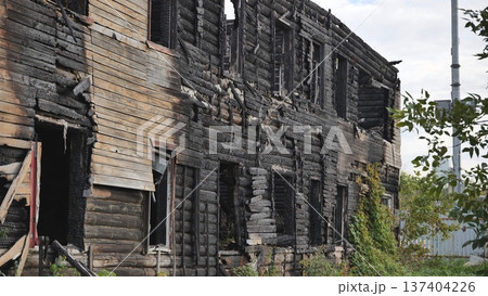 Burned house in destruction, charred wood and logs showing fire damage 137404226