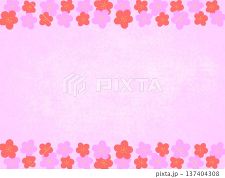桃色を背景に赤色とピンク色の梅の花が上下に入った背景素材イラスト 137404308
