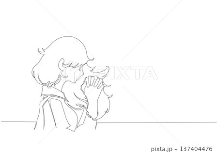 Continuous One Line Drawing of a Woman Praying with Hands Together eps10 137404476