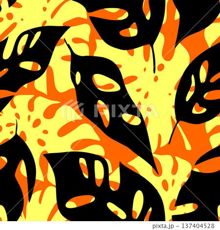 seamless black and yellow pattern from the contours of tropical leaves on an orange background, texture, design seamless black and yellow pattern from the contours of tropical leaves on an orange background, texture, design 137404528