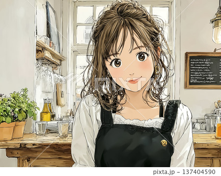 カフェカウンターで微笑む若い女性スタッフ｜温かいコーヒーショップイメージ 137404590