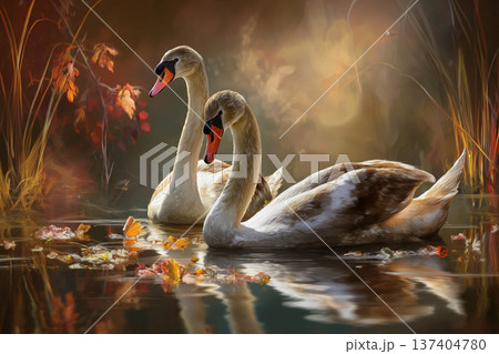 湖で泳ぐ2匹の白鳥 137404780