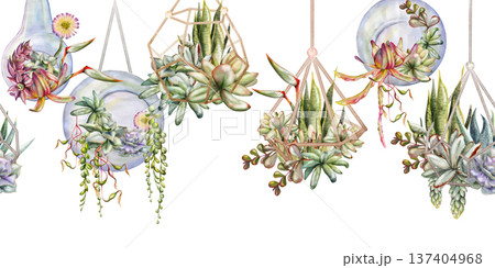 Watercolor rosette succulents in geometric wire planters, glass orb bubbles and bulbs, hanging gardens hand drawn in watercolor. Seamless botanical banner for design agencies, modern lifestyle blogs. Watercolor rosette succulents in geometric wire planters, glass orb bubbles and bulbs, hanging gardens hand drawn in watercolor. Seamless botanical banner for design agencies, modern lifestyle blogs. 137404968
