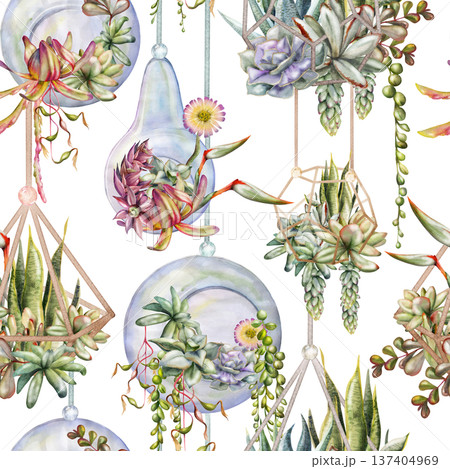 Succulent plants, trailing vines in polygonal wire holders, glass terrariums hand painted in watercolor. Botanical seamless pattern for zero-waste branding, interior catalogs, eco lifestyle visuals. 137404969