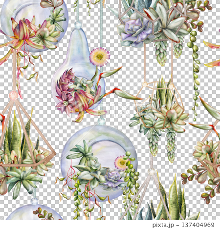 Succulent plants, trailing vines in polygonal wire holders, glass terrariums hand painted in watercolor. Botanical seamless pattern for zero-waste branding, interior catalogs, eco lifestyle visuals. 137404969