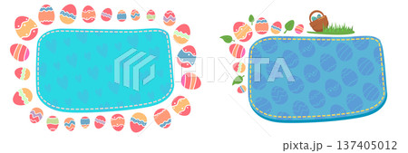 Easter eggs frame banner. Blue oval patch for text surrounded by colorful decorated eggs and green leaves. Festive spring background for holiday sale and greeting isolated on white background. 137405012