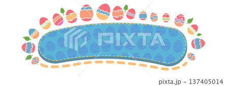 Easter eggs frame banner. Blue oval patch for text surrounded by colorful decorated eggs and green leaves. Festive spring background for holiday sale and greeting isolated on white background. Easter eggs frame banner. Blue oval patch for text surrounded by colorful decorated eggs and green leaves. Festive spring background for holiday sale and greeting isolated on white background. 137405014