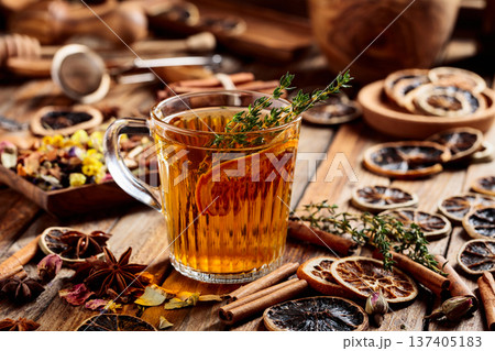 Herbal tea with thyme and dried citrus. 137405183