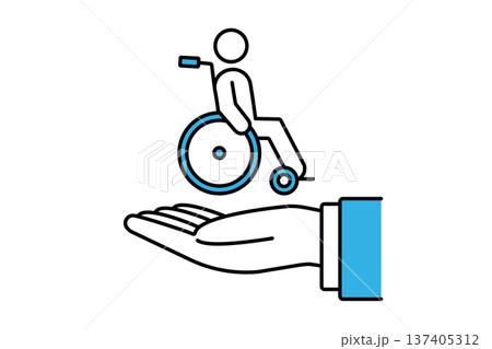 車椅子に乗った人物を掲げるスーツを着た人物の手 137405312