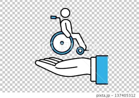 車椅子に乗った人物を掲げるスーツを着た人物の手 137405312