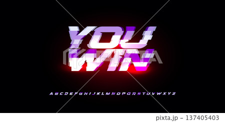 Neon Glitch Futuristic Typography Gaming Victory Esports Digital Alphabet Font Gradient Vibrant Glow Cyberpunk Headline Promo UI Interface Dynamic Bold Night. Vector Illustration 137405403