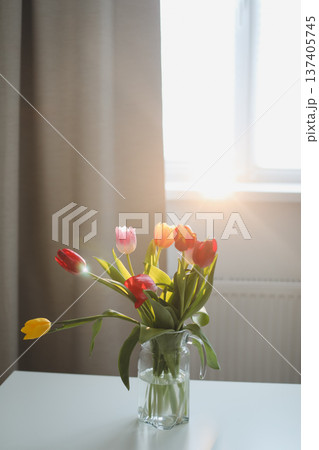 Fresh spring colorful bouquet of tulips in vase standing on white table in light classic design living room background. Festive flowers for gift. Mockup for greeting card Fresh spring colorful bouquet of tulips in vase standing on white table in light classic design living room background. Festive flowers for gift. Mockup for greeting card 137405745