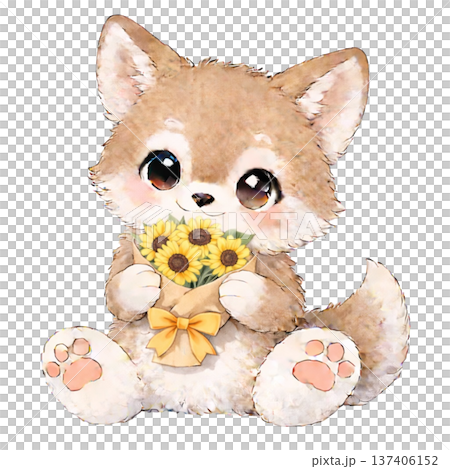 【夏季】一隻郊狼叼著一束向日葵的插圖 137406152