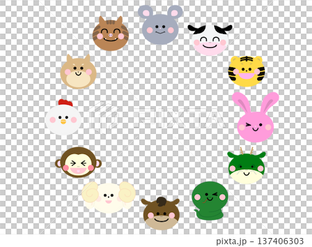 かわいい丸顔の十二支イラスト 円形フレームセット(中央スペース・パステルカラー) ピンクほっぺver かわいい丸顔の十二支イラスト 円形フレームセット(中央スペース・パステルカラー) ピンクほっぺver 137406303