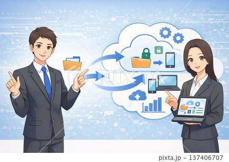 クラウドシステムとデータ連携を説明する男女ビジネスチーム DXイメージ 137406707