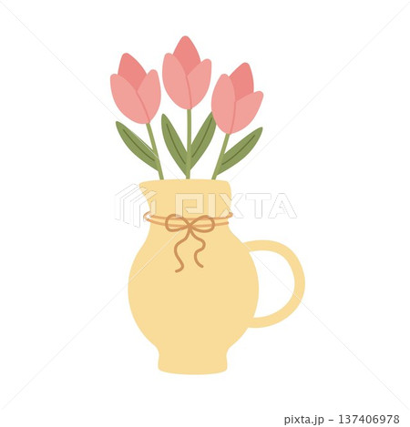 Pink tulips in a yellow jug. Vector illustration. 137406978