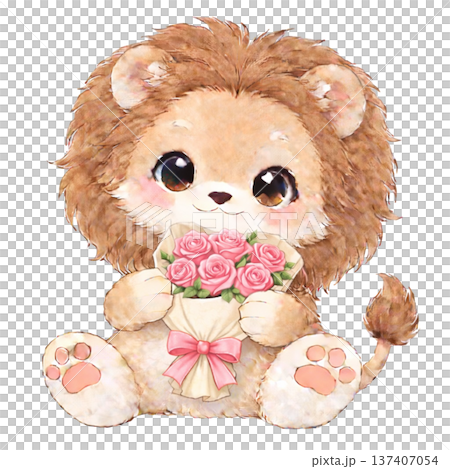 一隻獅子手捧一束玫瑰花的插圖 137407054