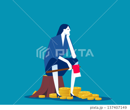 Bankruptcy. Businesswoman sitting despairingly holding an axe with gold coins Bankruptcy. Businesswoman sitting despairingly holding an axe with gold coins 137407149