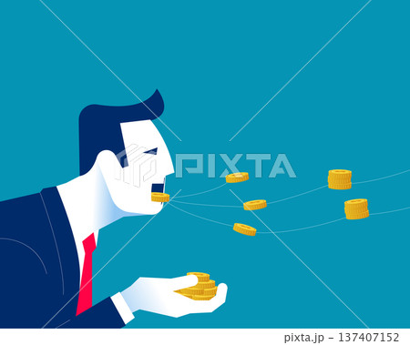 Greedy. Businessman eating string of gold coins held in hand Greedy. Businessman eating string of gold coins held in hand 137407152