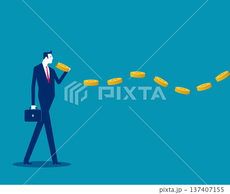 Greedy. Businessman eating string of gold coins held in hand Greedy. Businessman eating string of gold coins held in hand 137407155