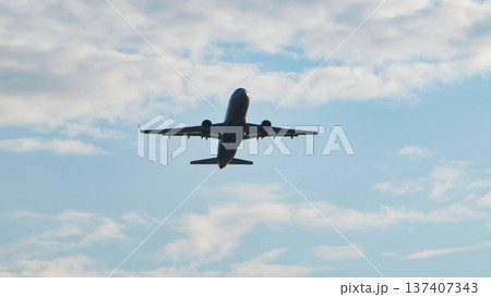 Commercial passenger airplane taking off and ascending into a blue cloudy sky, low angle view. 137407343