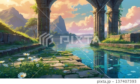 ゲーム背景　夕暮れの古代遺跡の宮殿廃墟と水平線 137407393